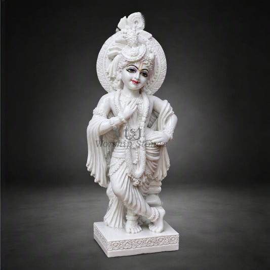 20 Inch Handcrafted Pure White Makrana Marble Lord Krishna Statue