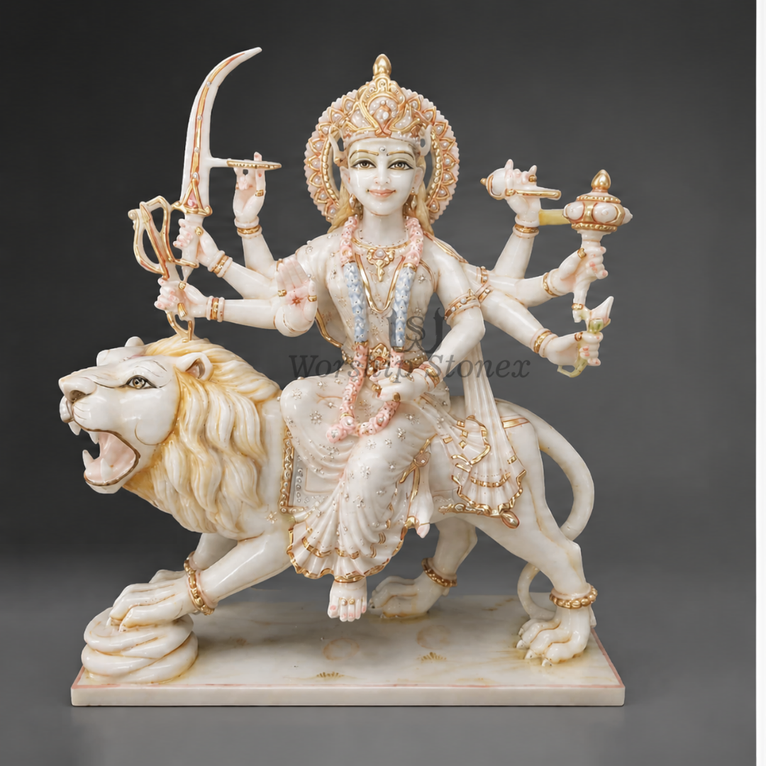 24 inch Maa Durga (Sherawali) Vietnam White Marble Murti (Gold Embossed Finish)