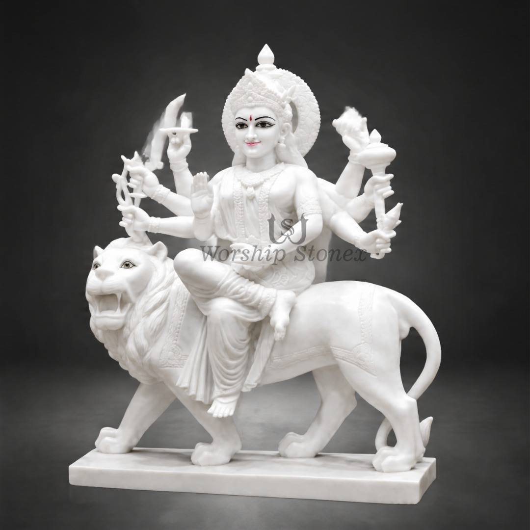 24 inch Pure Vietnam White Marble Maa Durga Idol (Plain/Minimal Finish)