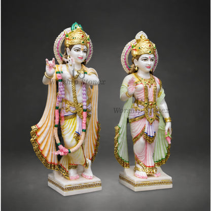 6 to 30 Inches Vietnam White Marble Radha Krishna Statue Set – Standing Pair Idol with Fine Gold and Pastel Painting