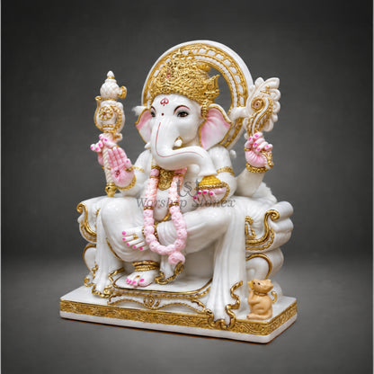 18 Inch White Marble Lord Ganesha Moorti with Golden and Pink Detailing