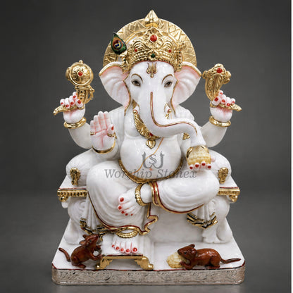 Makrana White Marble Lord Ganesha Statue – Seated Sinhasan Vinayaka Idol with Royal Gold Work