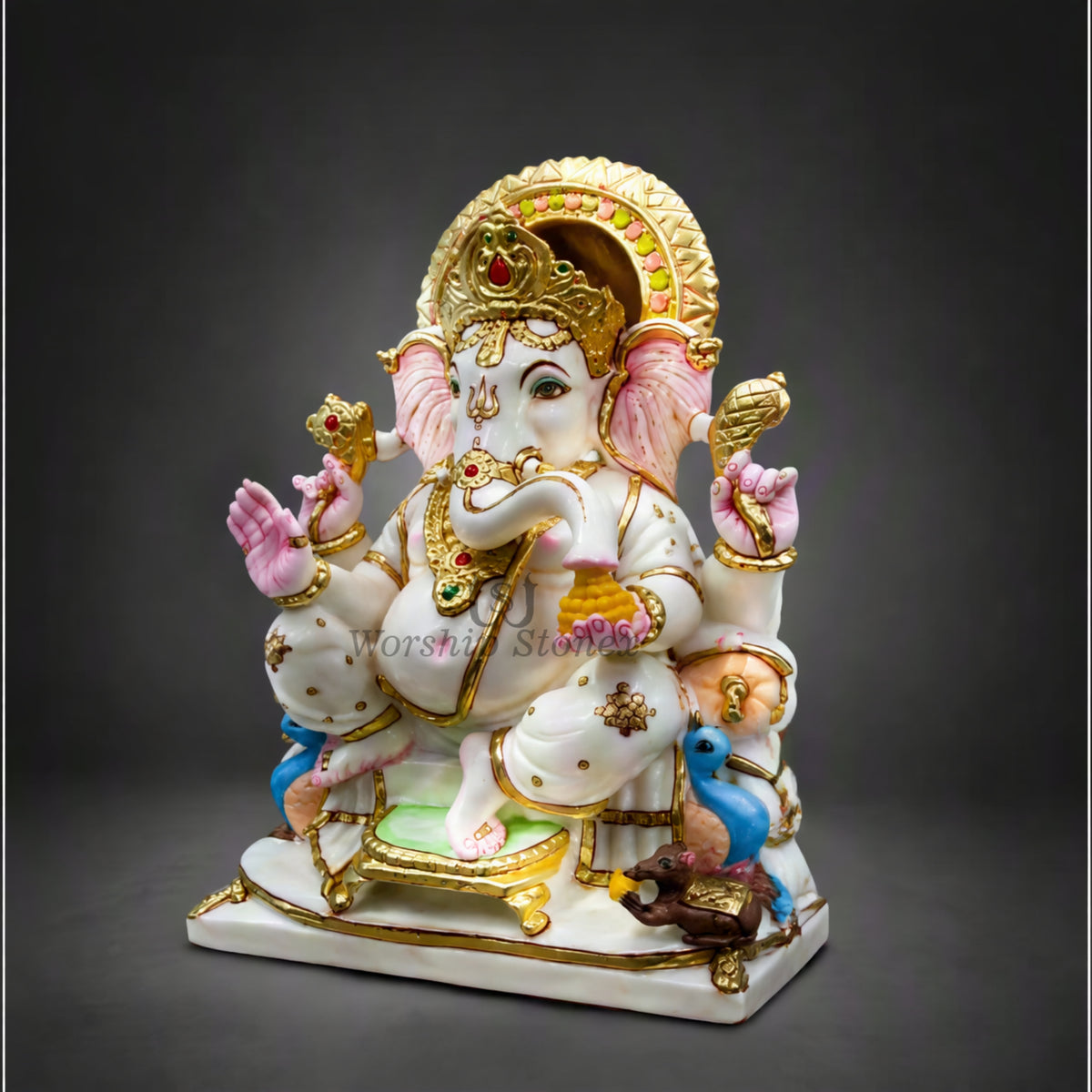 15" Pure White Marble Seated Lord Ganesha Idol with Gold Painting