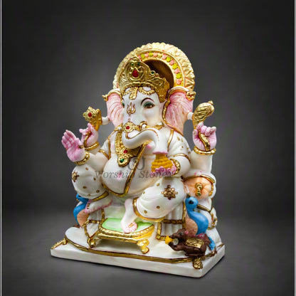 15" Pure White Marble Seated Lord Ganesha Idol with Gold Painting