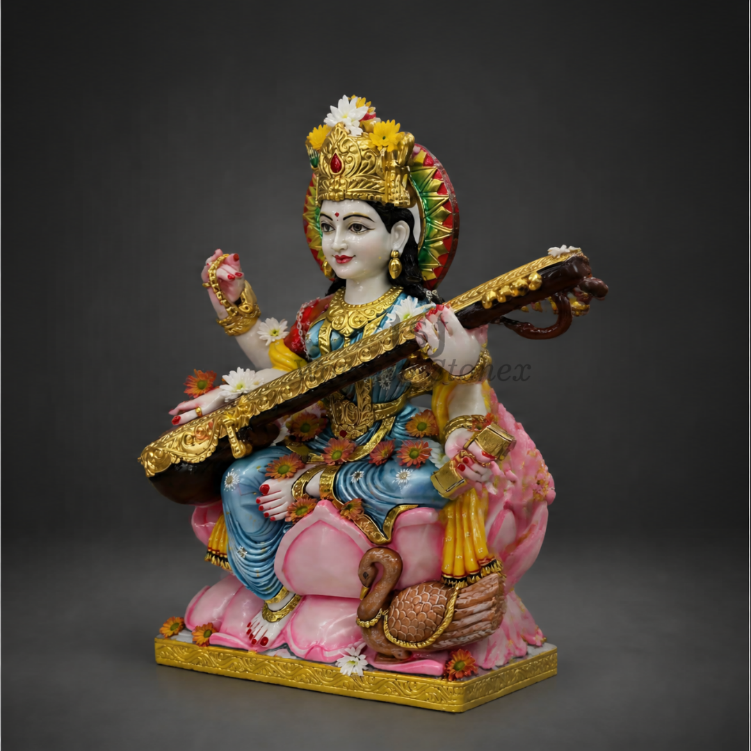 18 inch Seated Goddess Saraswati Makrana White Marble Murti (Detailed Meenakari & Gold Finish)