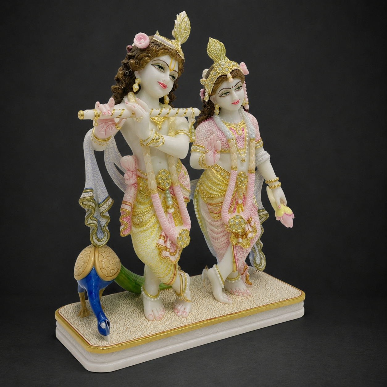 24 inch White Marble Radha Krishna Idol with Peacock – Premium Pink & Gold Finish