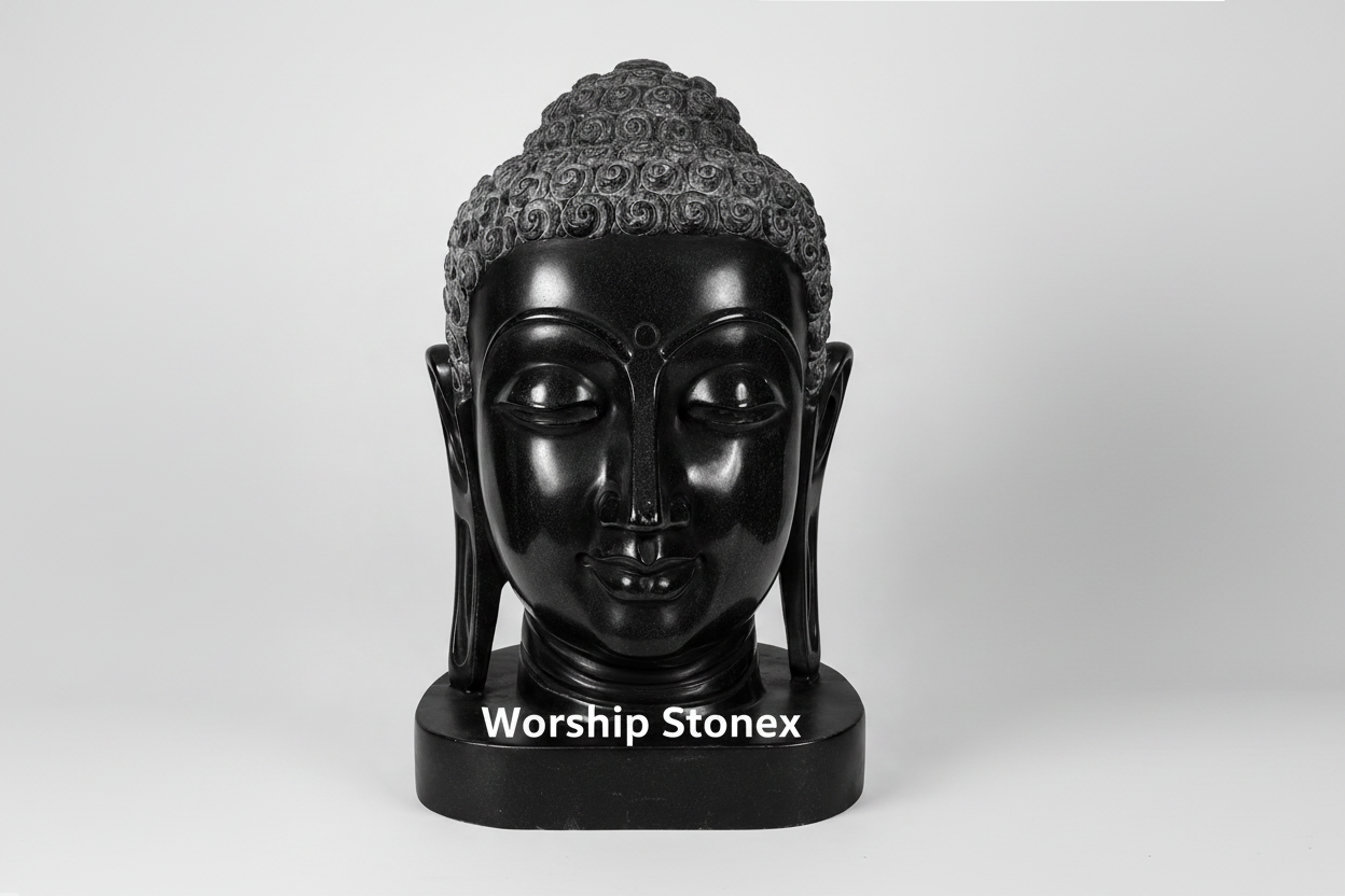 15 Inch Handcrafted Black Marble Buddha Head Statue |  Glossy Finish Meditation & Home Decor Sculpture