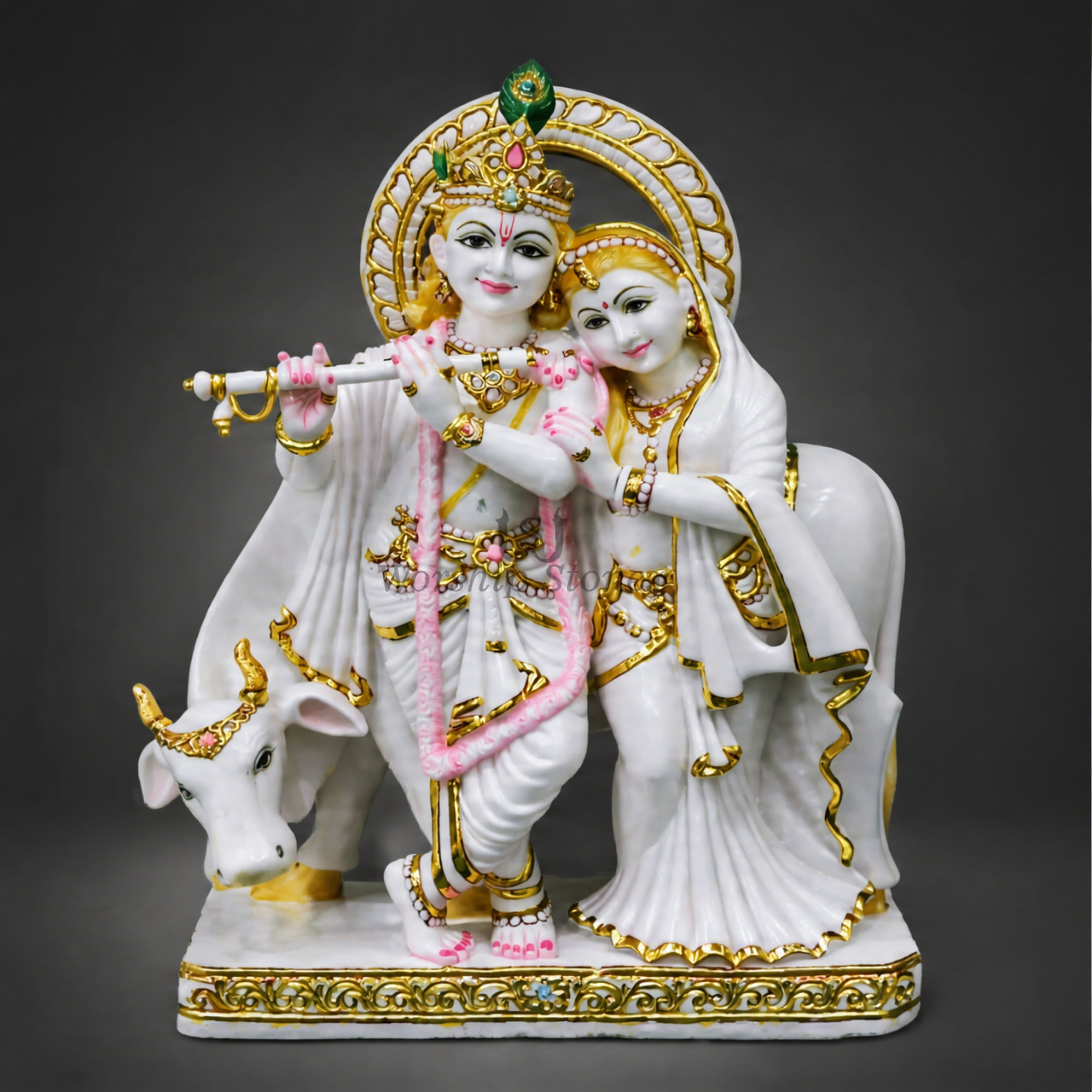 24 inch Makrana Marble Radha Krishna Murti with Cow and Intricate Gold Detailing