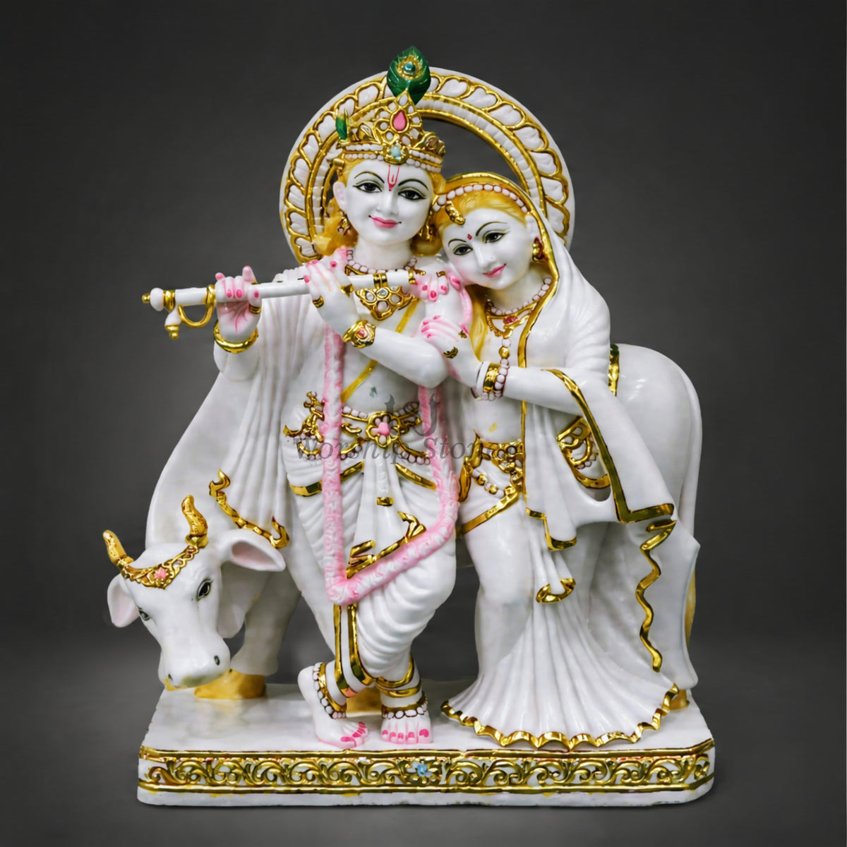 24 inch Makrana Marble Radha Krishna Murti with Cow and Intricate Gold Detailing