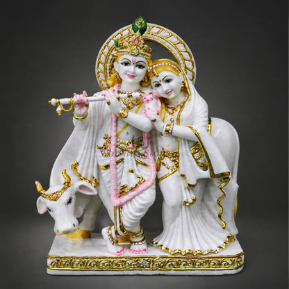 24 inch Makrana Marble Radha Krishna Murti with Cow and Intricate Gold Detailing