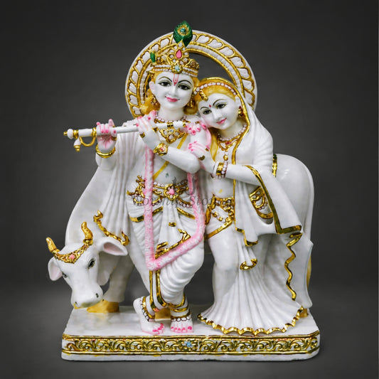 24 inch Makrana Marble Radha Krishna Murti with Cow and Intricate Gold Detailing