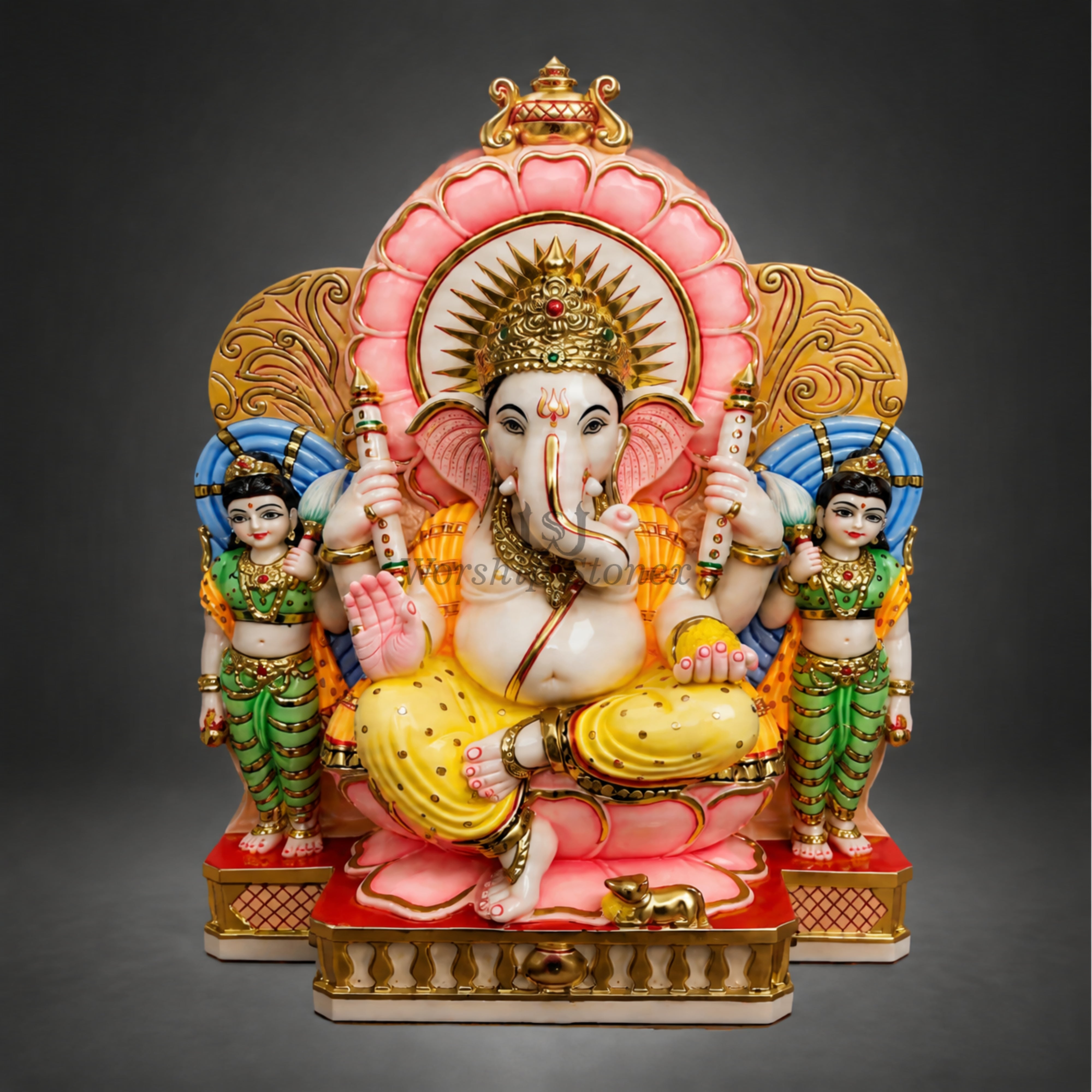 Royal Pink & Gold Marble Ganesha Idol with Attendants