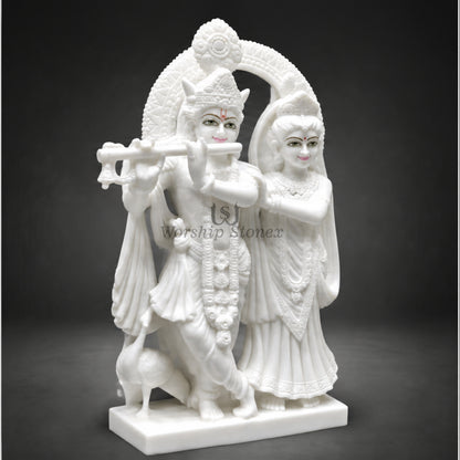 24" White Makrana Marble Radha Krishna Idol with Decorative Halo