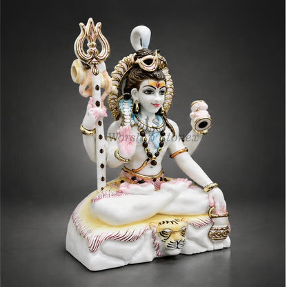 18 inch Seated Lord Shiva Makrana White Marble Murti (Gold Embossed & Meenakari Finish)