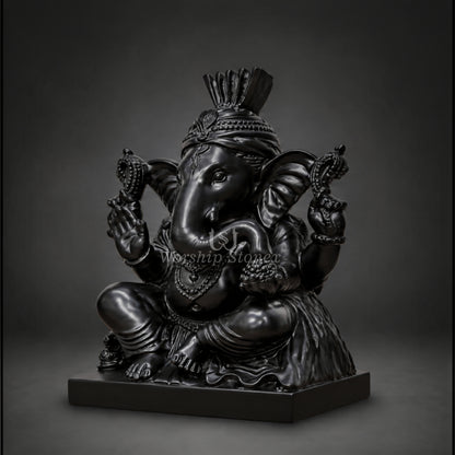12 inch Premium Black Marble Lord Ganesha Statue with Pagdi