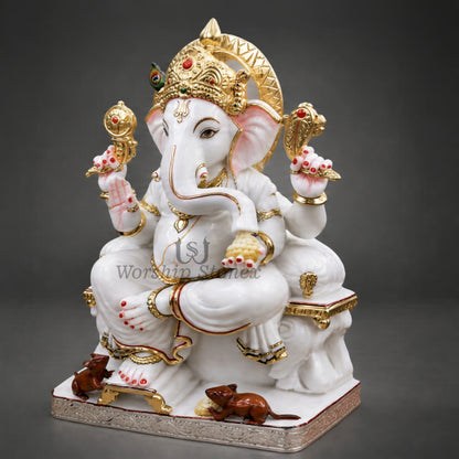 Makrana White Marble Lord Ganesha Statue – Seated Sinhasan Vinayaka Idol with Royal Gold Work