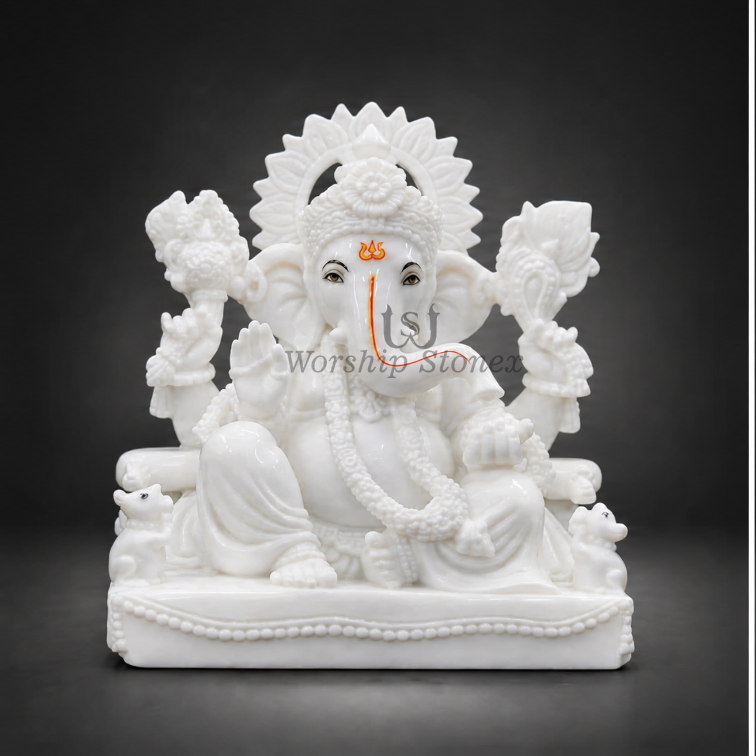 Small size Left Trunk Vamavarti Makrana Marble Ganesh Statue for Home Worship & Prosperity