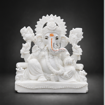 Small size Left Trunk Vamavarti Makrana Marble Ganesh Statue for Home Worship & Prosperity