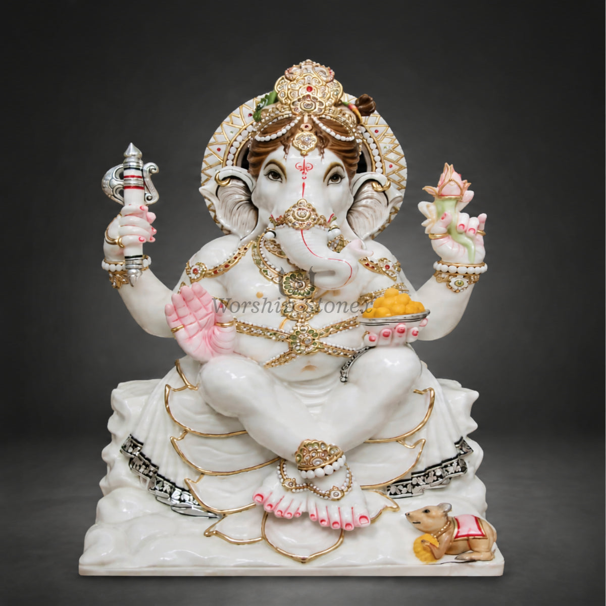 15-Inch Makrana White Marble Seated Ganesha Idol with Kundan and Gold Painting Work