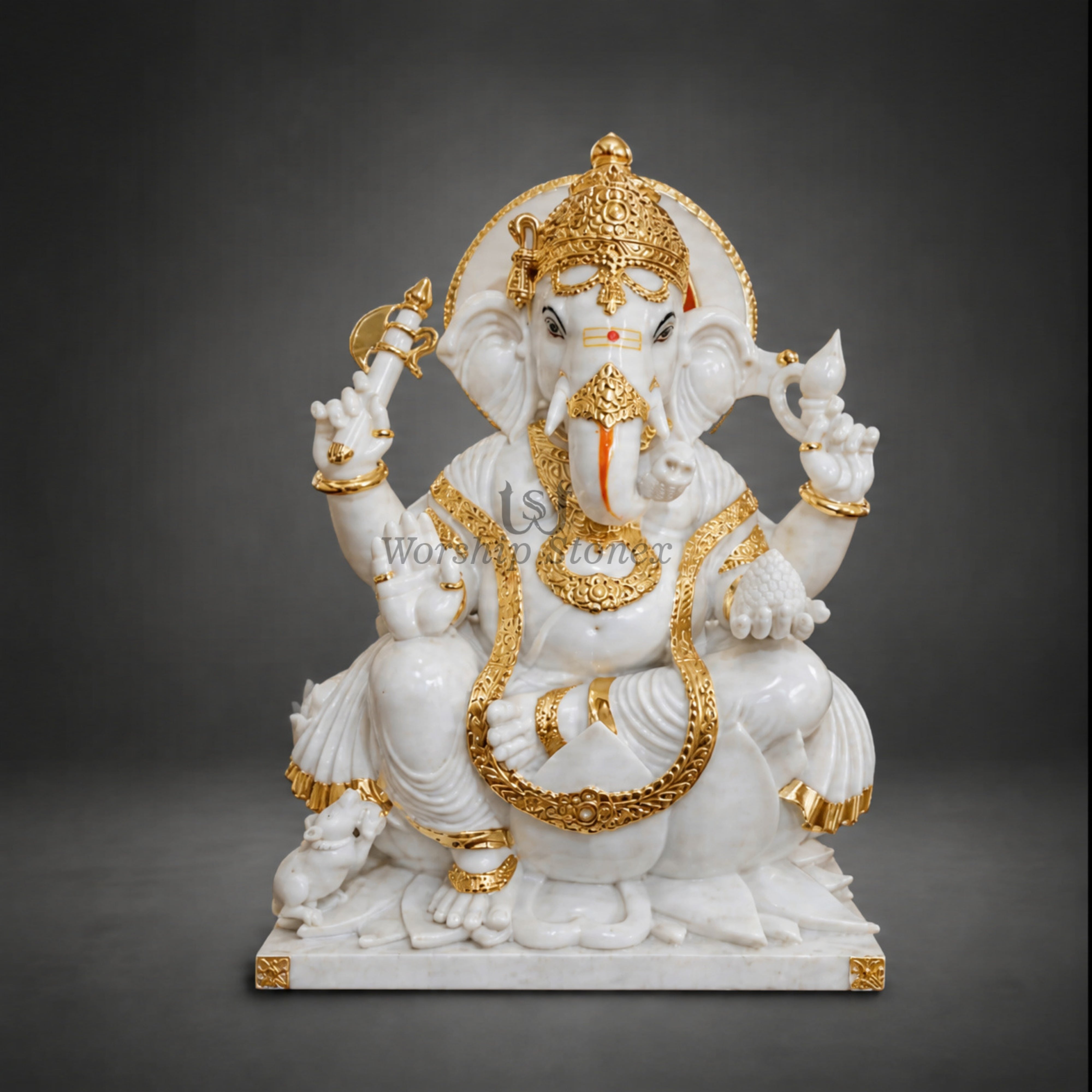 Vietnam White Marble Lord Ganesha Statue – Seated Lotus Vinayaka Idol with Royal Gold Work (Available in Sizes 12 to 36 Inches)