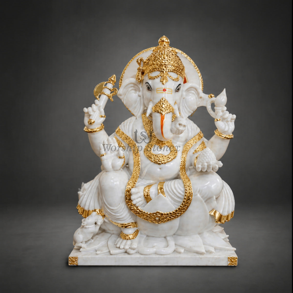 Vietnam White Marble Lord Ganesha Statue – Seated Lotus Vinayaka Idol with Royal Gold Work (Available in Sizes 12 to 36 Inches)