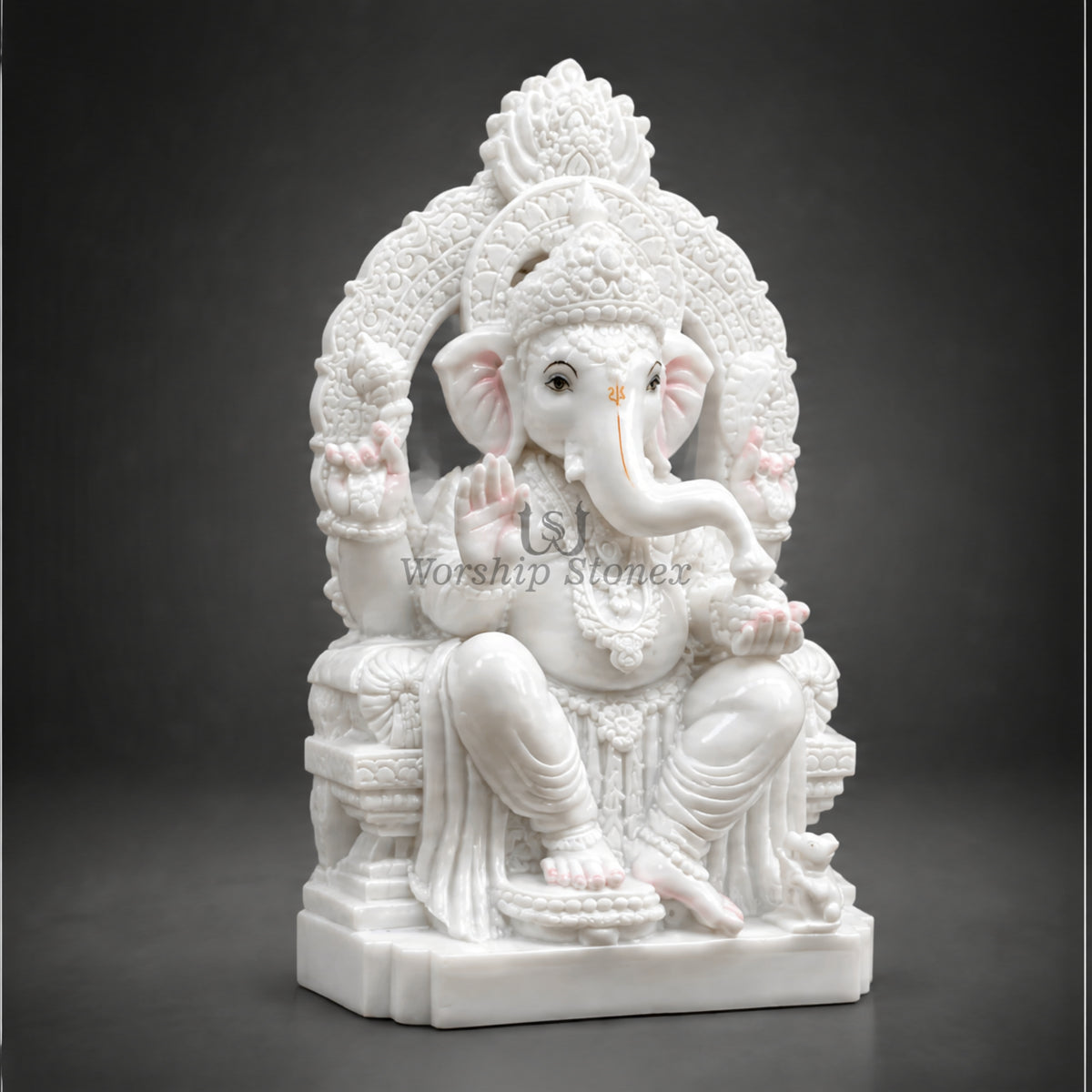 10 Inch White Makrana Marble Ganesha Idol with Intricate Carved Arch – Premium Ganesh Murti