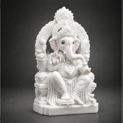 10 Inch White Makrana Marble Ganesha Idol with Intricate Carved Arch – Premium Ganesh Murti