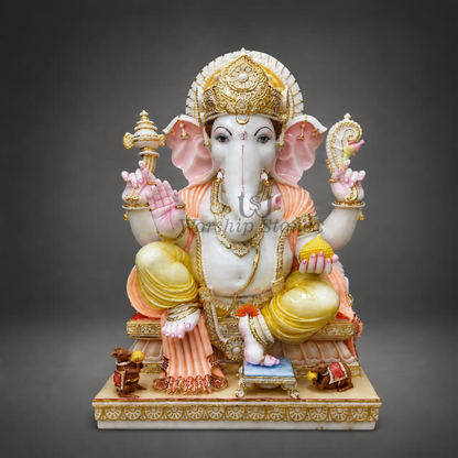 Large Size White Makrana Marble Ganesh Statue | Big Ganpati Murti for Temple & Living Room