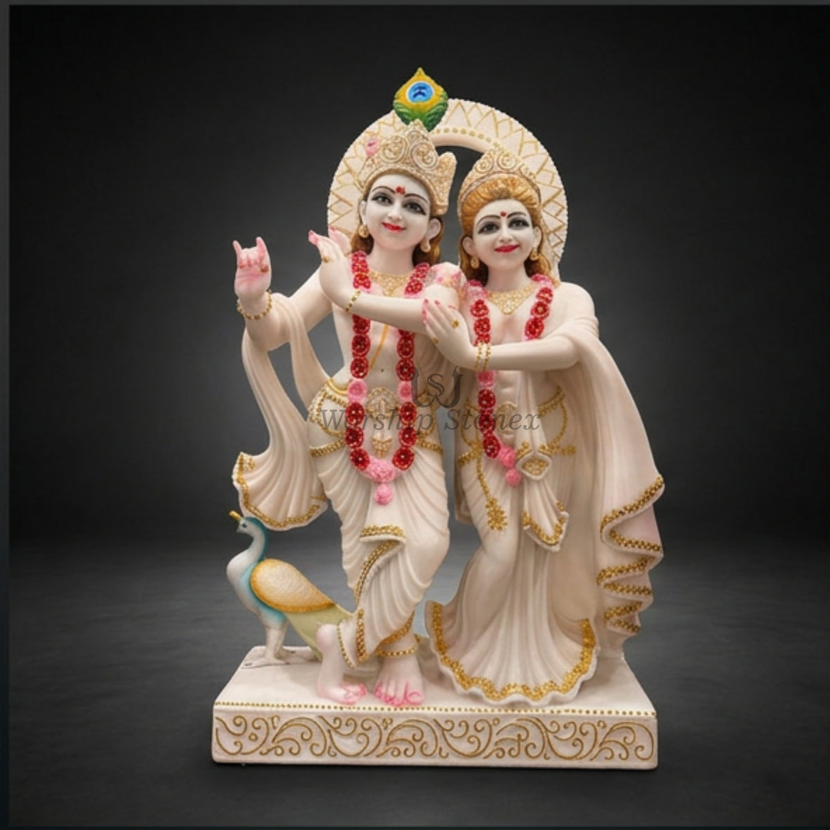 Vietnam White Marble Yugal Jodi Radha Krishna Statue Set – Standing Pair Idol with Gold Detailing and Peacock Crest