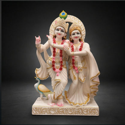 Vietnam White Marble Yugal Jodi Radha Krishna Statue Set – Standing Pair Idol with Gold Detailing and Peacock Crest