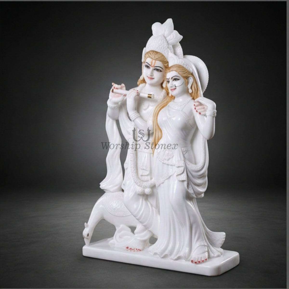 24 Inch White Marble Radha Krishna Moorti - Modern Standing Couple Statue