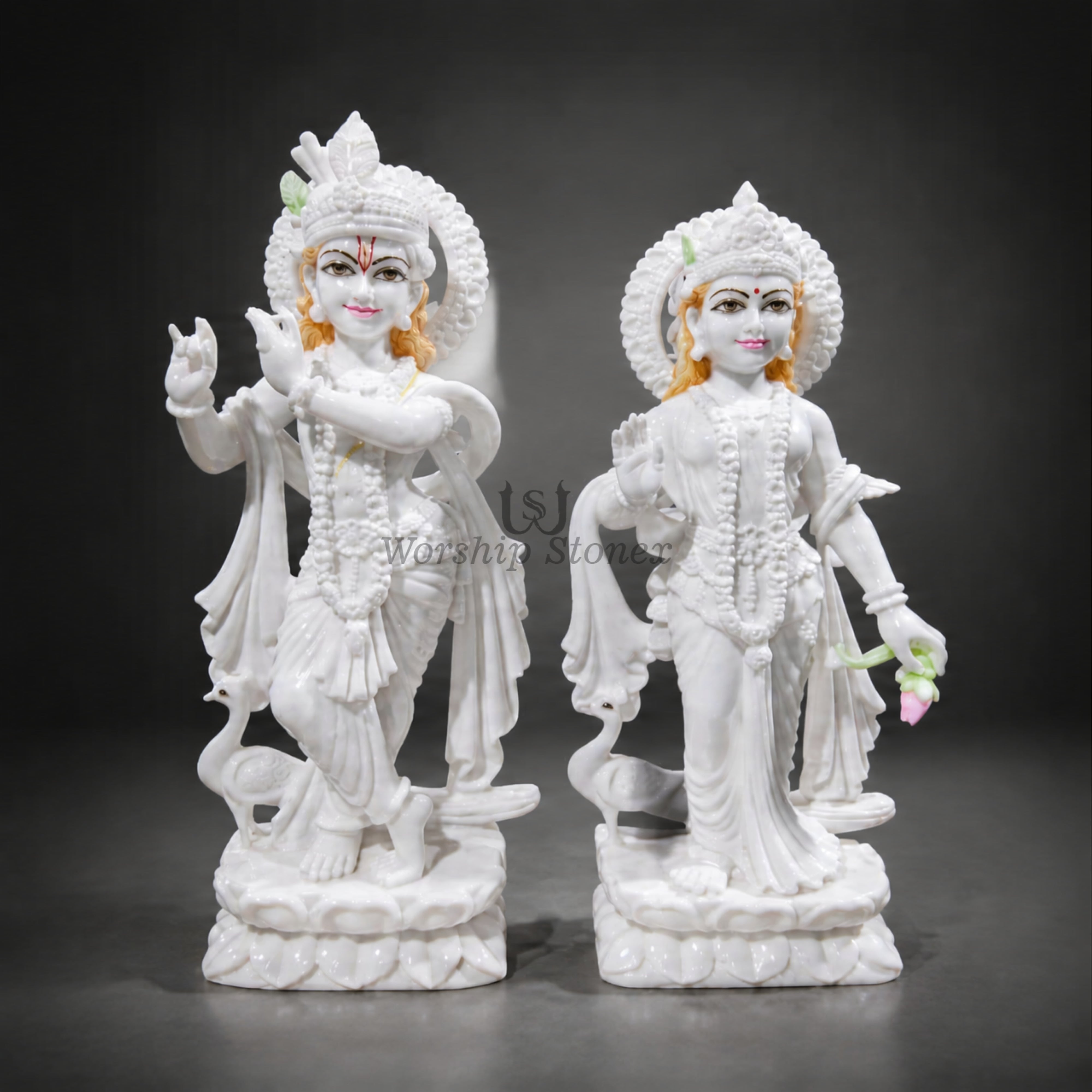 24 Inch White Makrana Marble Radha Krishna Statue Pair with Light Painting Work