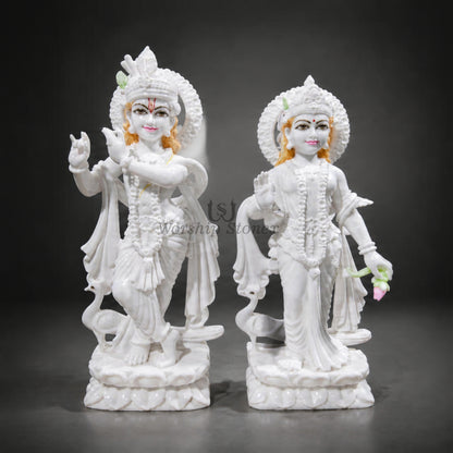 24 Inch White Makrana Marble Radha Krishna Statue Pair with Light Painting Work