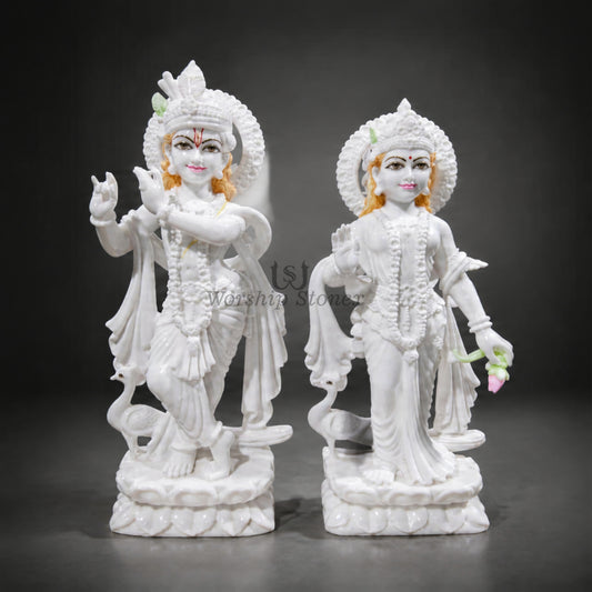 24 Inch White Makrana Marble Radha Krishna Statue Pair with Light Painting Work