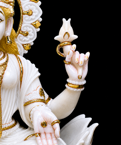 24 Inch White Marble Goddess Lakshmi Idol with Gold Hand-Painted Finish