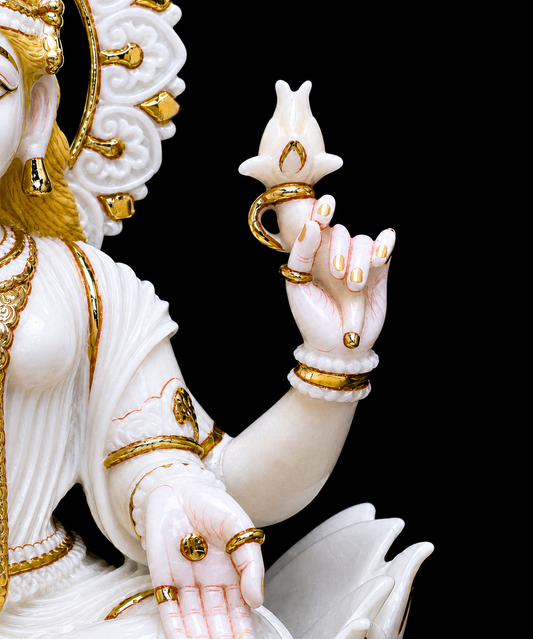 24 Inch White Marble Goddess Lakshmi Idol with Gold Hand-Painted Finish