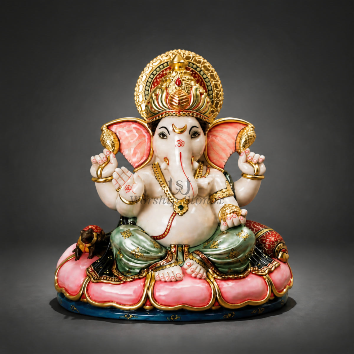 6 inch to 36 inch Makrana White Marble Lord Ganesha Statue – Seated Pink Lotus Vinayaka Idol with Royal Gold and Colored Painting