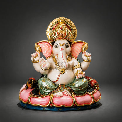 6 inch to 36 inch Makrana White Marble Lord Ganesha Statue – Seated Pink Lotus Vinayaka Idol with Royal Gold and Colored Painting