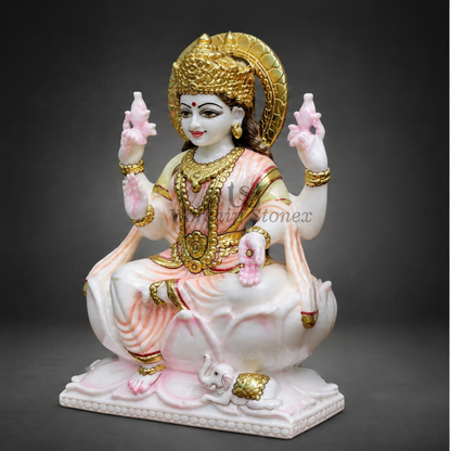 12 inch Seated Goddess Lakshmi Makrana White Marble Murti (Gold Embossed Finish)