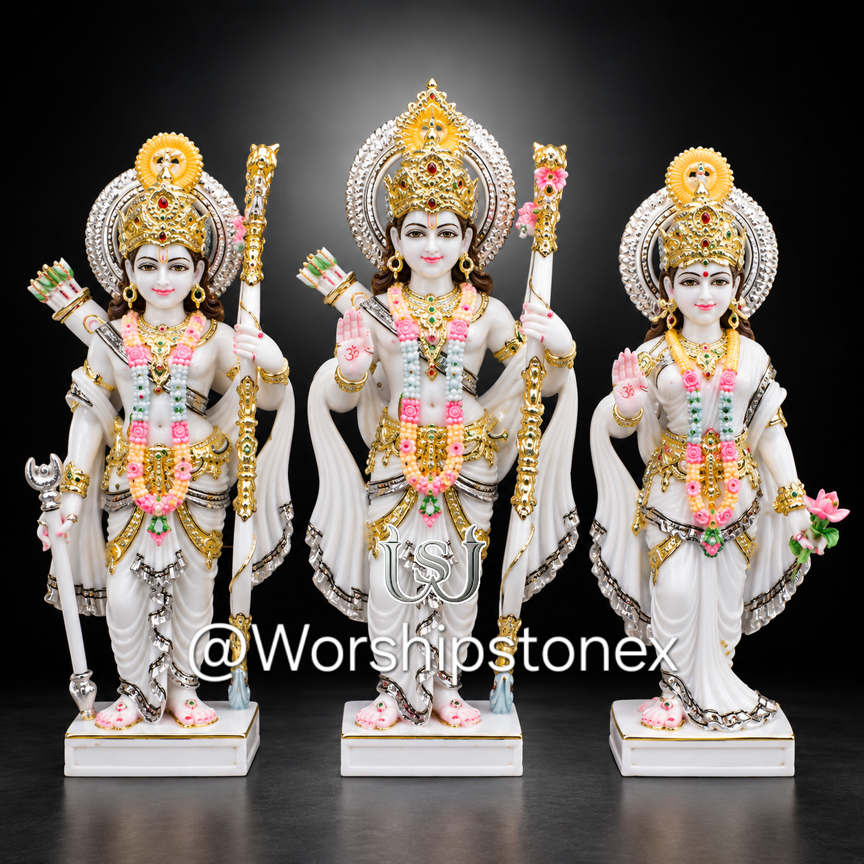 24K Gold Foil Painted Makrana Marble Ram Darbar Statue | Royal Temple Idol