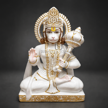 White Vietnam Marble Hanuman Ji Murti with Gold Detailing - 18 inch