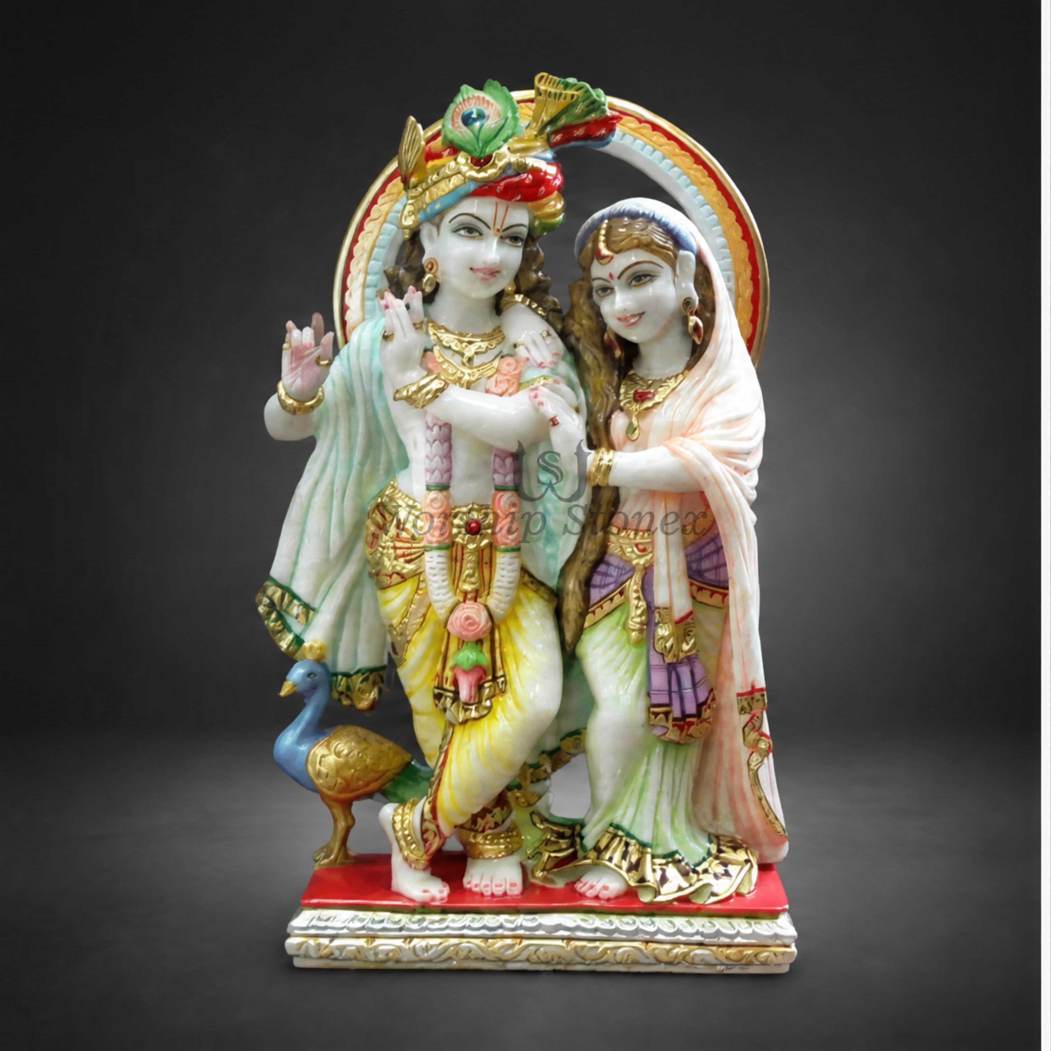 Radha Krishna Marble Statue with Peacock Feather Crown, Flute, Radha Krishna Idol with Peacock & Decorative Arch | Handcrafted Marble Murti