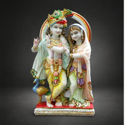 Radha Krishna Marble Statue with Peacock Feather Crown, Flute, Radha Krishna Idol with Peacock & Decorative Arch | Handcrafted Marble Murti