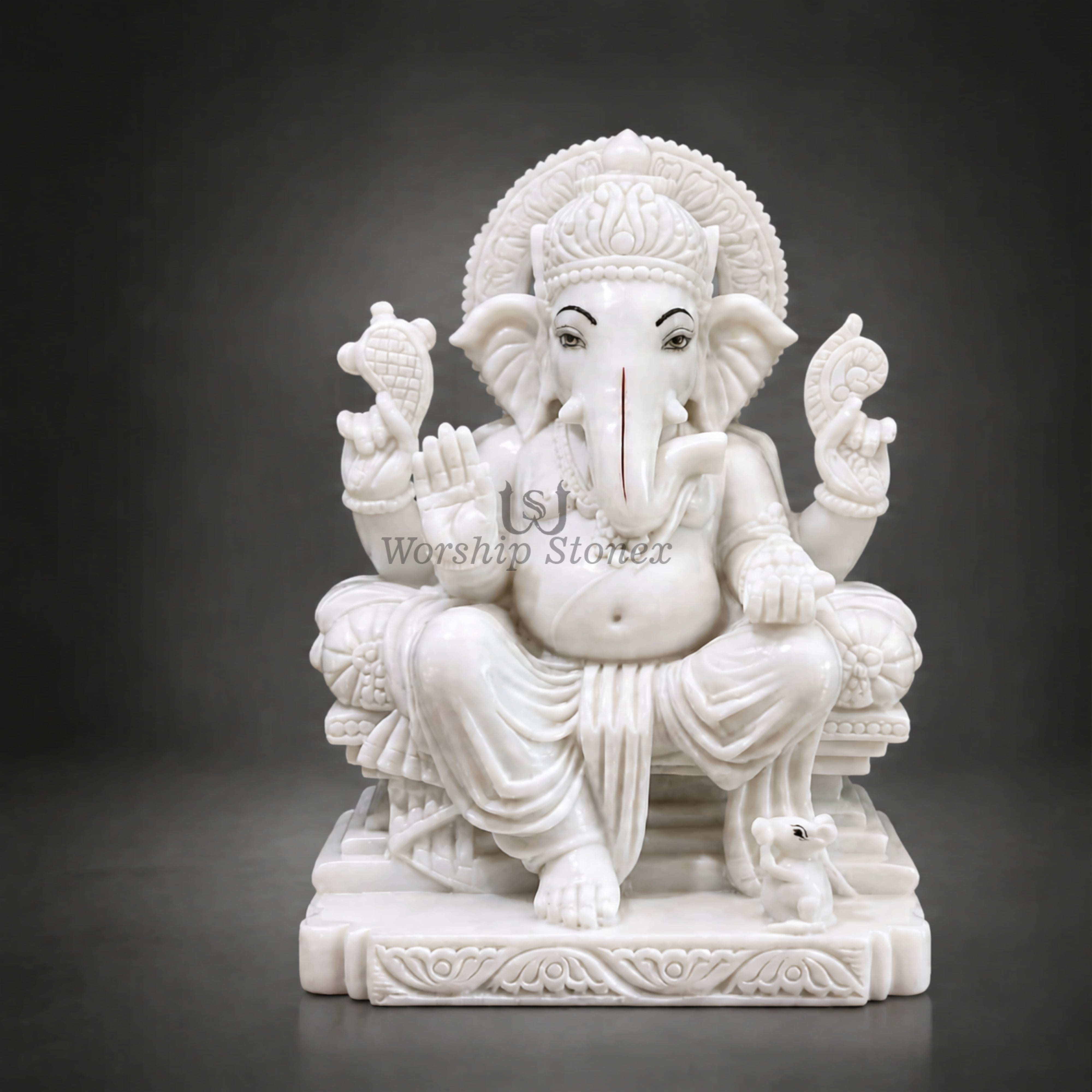 6 inch to 24 inch Handcrafted Pure White Makrana Marble Ganesha Statue Seated on Royal Chowki