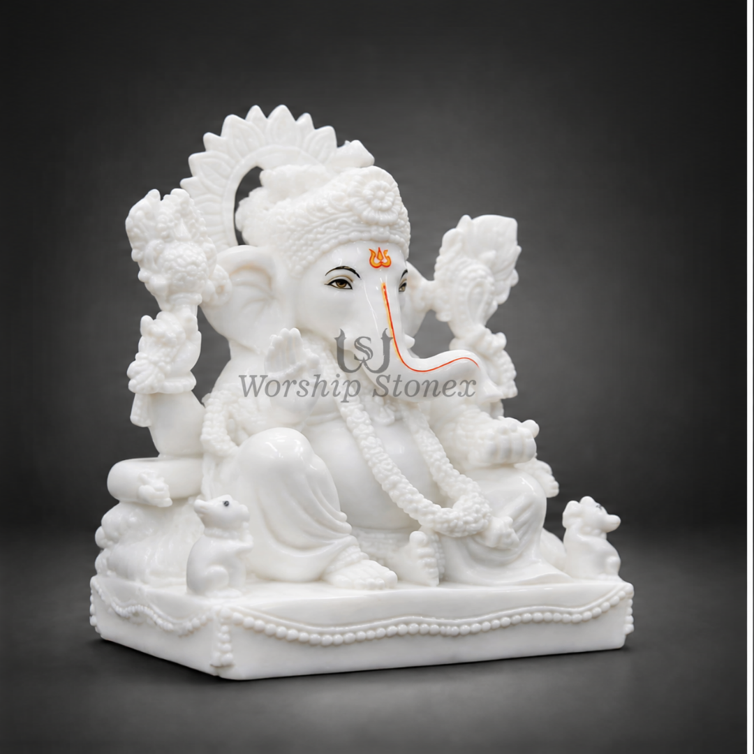 Small size Left Trunk Vamavarti Makrana Marble Ganesh Statue for Home Worship & Prosperity