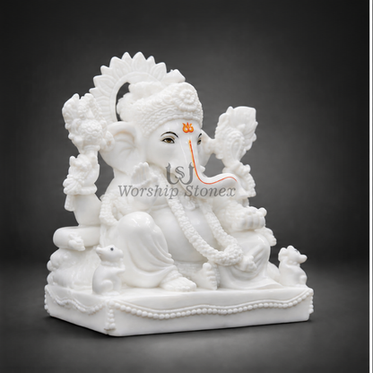 Small size Left Trunk Vamavarti Makrana Marble Ganesh Statue for Home Worship & Prosperity
