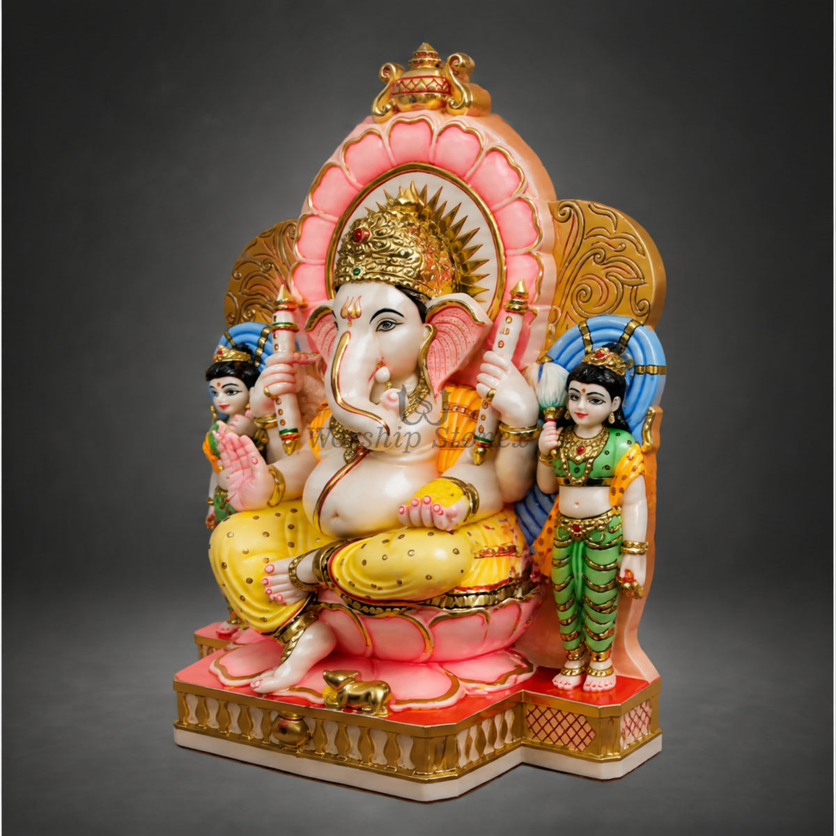 Royal Pink & Gold Marble Ganesha Idol with Attendants