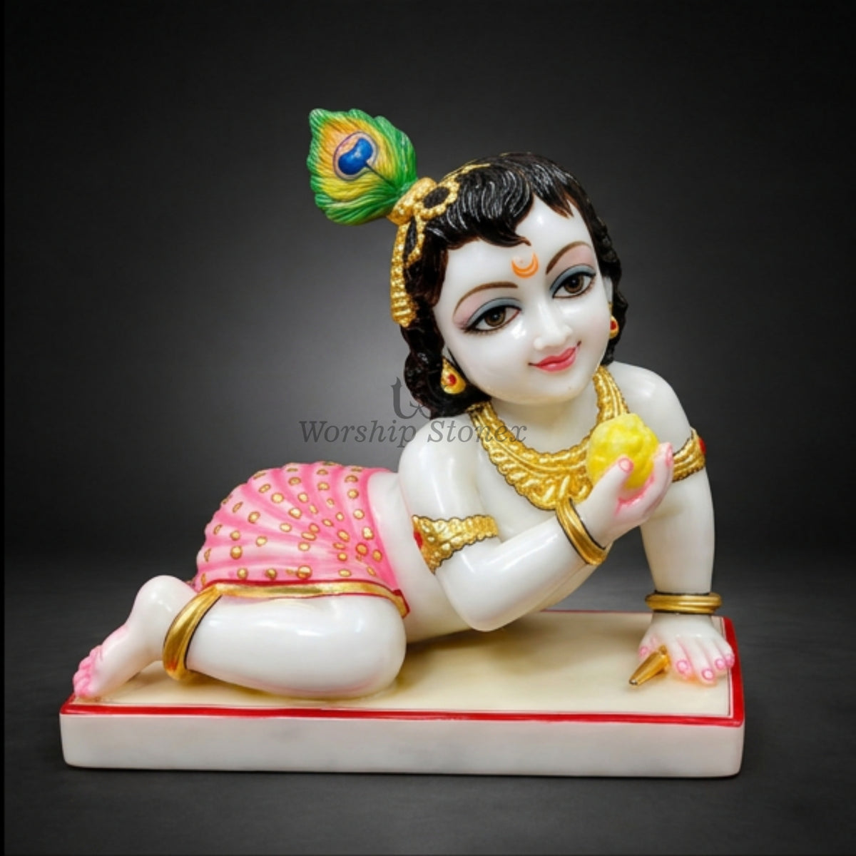 15 Inch Handcrafted White Makrana Marble Laddu Gopal Bal Krishna Murti
