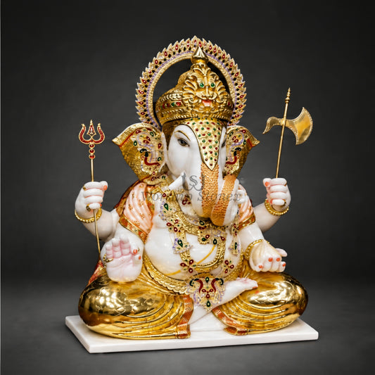 12 inch to 24 inch Gold Painted Makrana Marble Ganesha Statue with Ornate Crown and Trishul