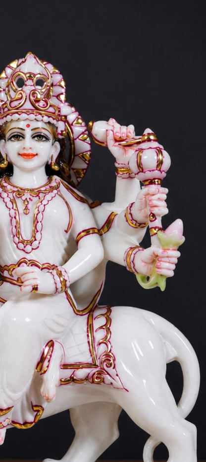 12 inch Makrana Marble Durga Maa Statue with Gold & Red Detail